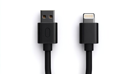 A black USB cable with two distinct connectors on white, minimal background