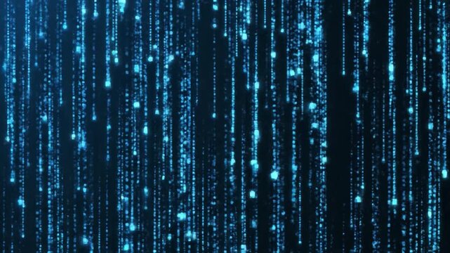 Glowing blue digital rain pattern vertical data stream binary matrix effect abstract technology background. digital blue code rain falling dark cyberspace with glowing vertical data streams creating