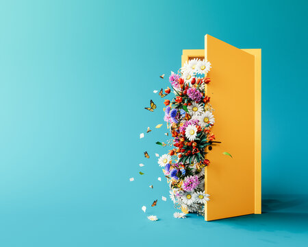 Spring is here. Colorful spring flowers entering through the door on blue background with copy space. 3D Rendering, 3D Illustration