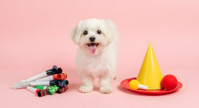 Cute dog celebrates april fool's day with colorful toys and tricks