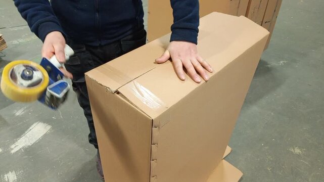 Manual packaging process of a large cardboard box with adhesive tape in a factory.