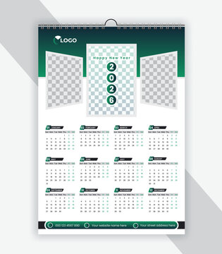 A modern green wall calendar for the year 2026, featuring placeholders for photos.