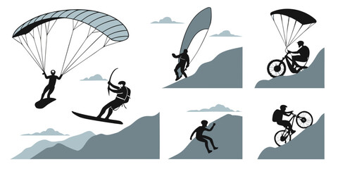 Extreme sports enthusiasts performing daring aerial maneuvers and stunts. Vector © leptop