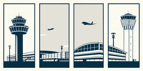 A collection of airport-themed illustrations showcasing various elements of air travel Vector © leptop