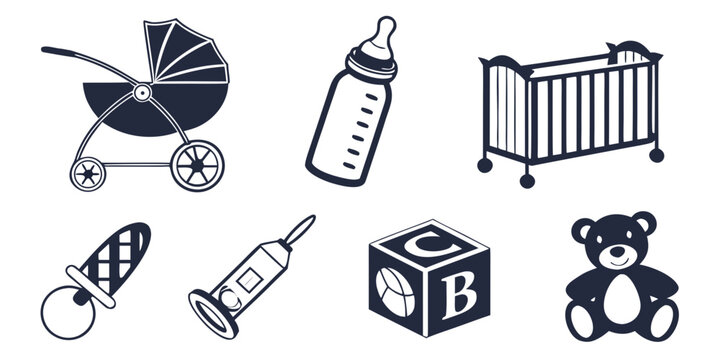 A collection of baby items including toys, bottles, and furniture Vector