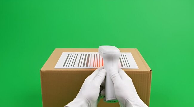 Hands in white gloves scanning barcode on cardboard box with barcode scanner device