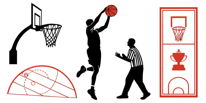 Basketball game with players, referee, and basketball court equipment Vector