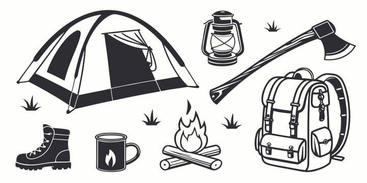 A collection of camping and outdoor adventure equipment and activities Vector
