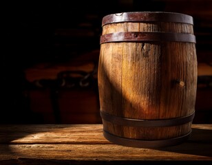 Obraz premium weathered oak barrel and worn wooden tabletop shadow old