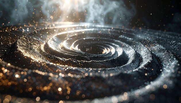 Dramatic spirals sculpted from dark metallic dust and fine particles, shaped as if influenced by invisible magnetic forces