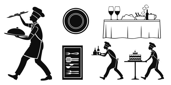 A man walking with a tray of drinks and a woman serving food at a buffet Vector