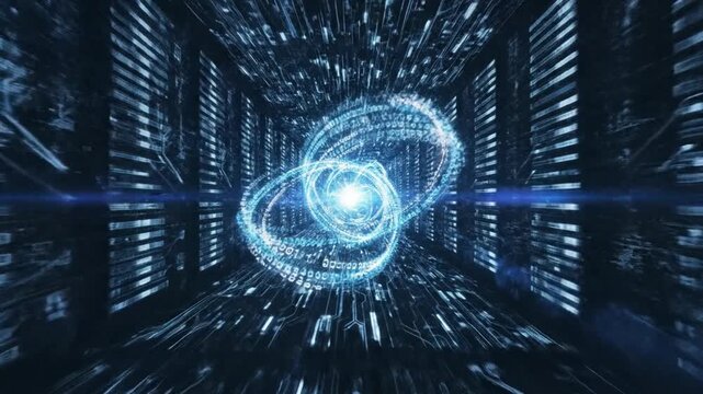 Digital tunnel with binary code and data streams, futuristic technology concept