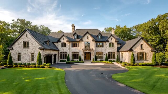 Grand luxury suburban mansion with stone facade, manicured lawn and curved driveway under bright blue summer sky
