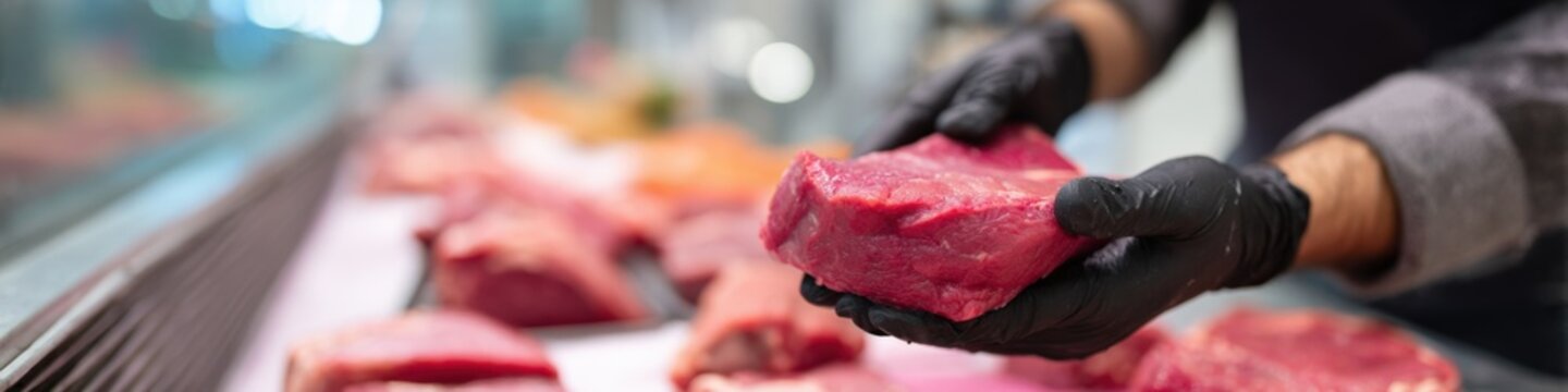 Butcher's hands selecting fresh meat cuts in deli shop display