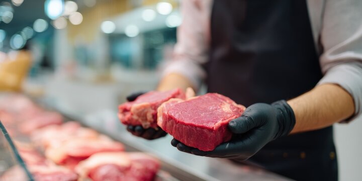 Butcher holding raw beef cuts in gloved hands at market counter