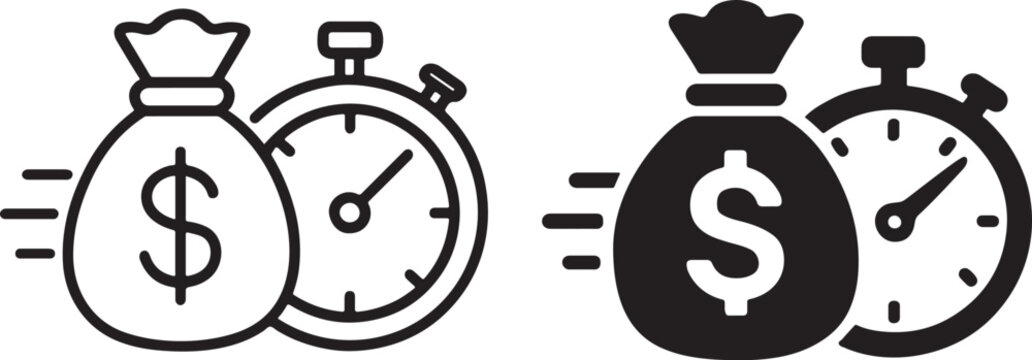 Fast loan finance icon with stopwatch and money.