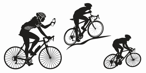 Obraz premium Three cyclists riding on a road in a row with different types of bicycles Vector