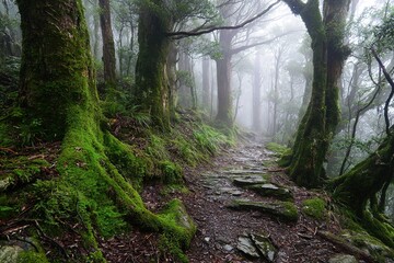 Obraz premium foggy forest path lined with ancient moss-covered trees