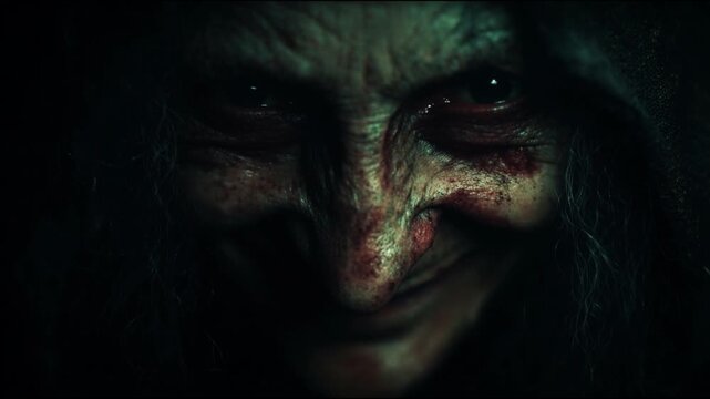 Close-up of a sinister witch smiling madly at the camera. Dark Halloween horror portrait with eerie lighting, wrinkled face, and unsettling expression creating a chilling supernatural mood.