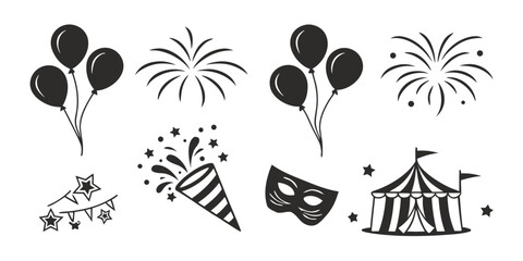 A delightful assortment of circus-themed illustrations including balloons, fireworks, and a tent Vector © leptop