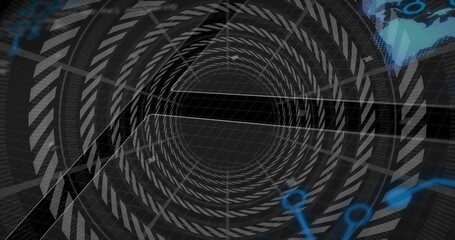 Fototapeta premium Drawing central spiral chevron rings over grid, pulling eye into virtual HUD space with blue nodes