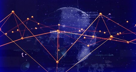 Displaying dotted globe and network mesh rotating in virtual data space, with orange nodes