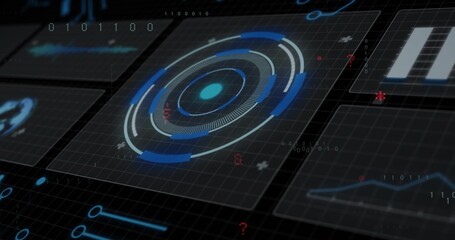 Displaying central circular HUD pulsing with segmented arcs on dark grid plane, showing data tiles