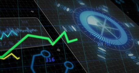 Displaying data dashboard on tilted grid, showing green jagged line, yellow trace, blue HUD gauge