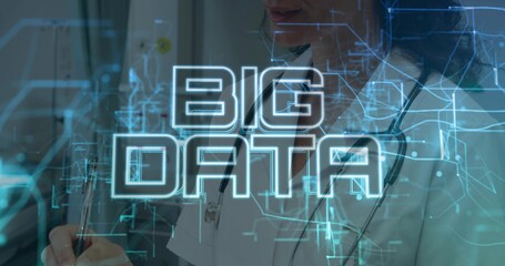 Displaying BIG DATA hologram while doctor in white coat at clinic writing on clipboard, stethoscope