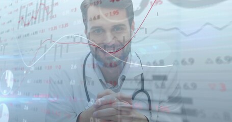 Leaning physician with white lab coat and stethoscope reviewing digital charts in clinic, overlays