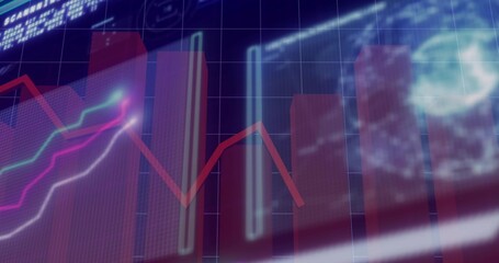 Displaying financial dashboard on-screen showing tall bars, red line graph, neon trend lines, grid