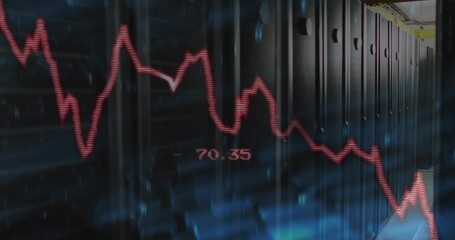 Displaying server racks in data center aisle with LEDs, raised floor, blue streaks, red chart 70