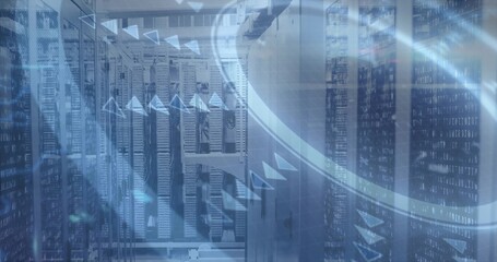 Displaying server racks glowing with LEDs and patch cables in data center aisle, showing overlays