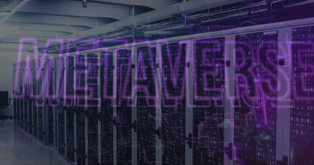 Framing row of server racks glowing with LEDs in data center aisle, METAVERS overlay