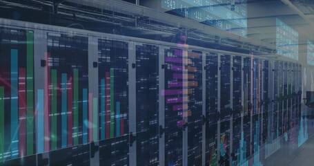 Displaying row of glass server cabinets showing analytics overlays in data center with LEDs