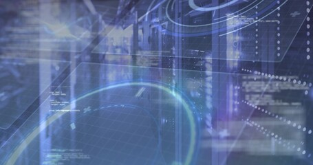 Displaying central server racks with holographic HUD overlays in data center, showing lit LEDs