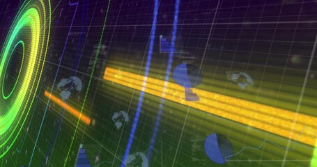 Fototapeta premium Showing green concentric radar left on dark dashboard, sending yellow beam, blue charts, copy space