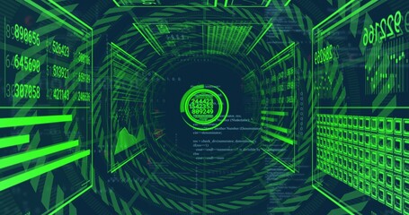 Naklejka premium Glowing central HUD directing digit streams through virtual data tunnel, holographic panels visible