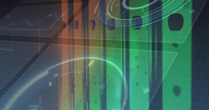 Displaying translucent green and orange vertical bars with HUD rings on digital dashboard, grid