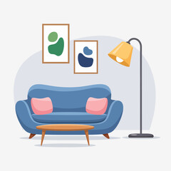 Blue Sofa with Pink Pillows.