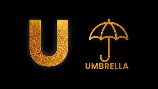 Alphabet U for umbrella text design with golden glitters shine animation video