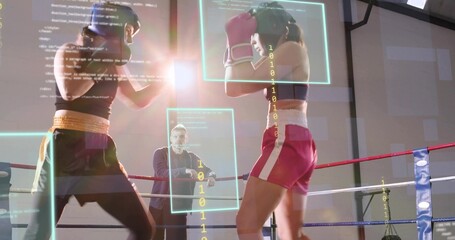 Sparring two adult boxers wearing gloves and headgear in gym ring, showing AR overlays
