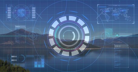 Obraz premium Projecting translucent circular HUD over lakeside mountain scene, showing rings, grid and world map