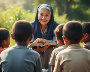 Smiling woman reads holy book to attentive children in nature.