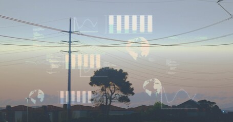 Showing utility pole, tree standing in suburban dusk, with wires, rooftops, lamp, data overlays