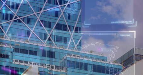 Showing blue glass wall with white bracing and HUD overlays in cityscape, displaying planters