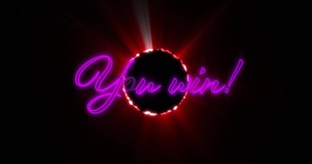 Displaying neon cursive 'You win!' glowing in retro arcade victory screen, with jagged red ring