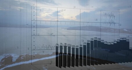 Displaying transparent 3D chart overlaying bay at sunrise, with wireframe axes, labeled bars