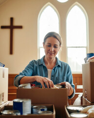 Woman organizes canned goods inside church for community support drive.