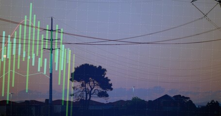 Framing silhouetted tree anchoring dusk suburban skyline, with pole, power lines, chart overlay